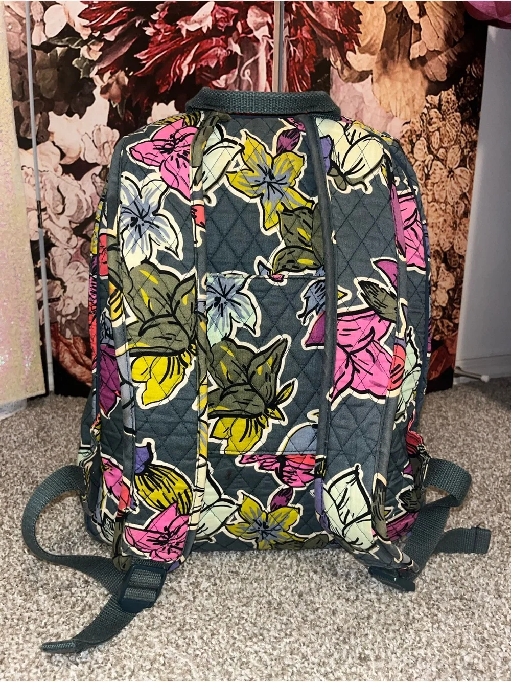 Vera Bradly Quilted Floral Backpack - Gray with Pink, Yellow & Purple Flowers